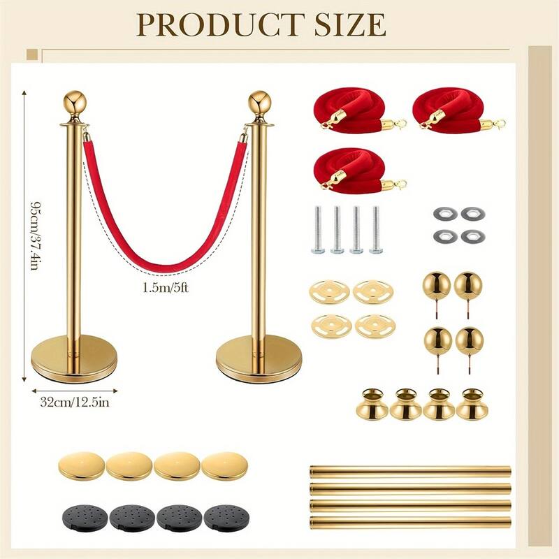 4PCS Gold Stanchion Posts with Velvet Ropes Set,Hollow Base,Ball Top