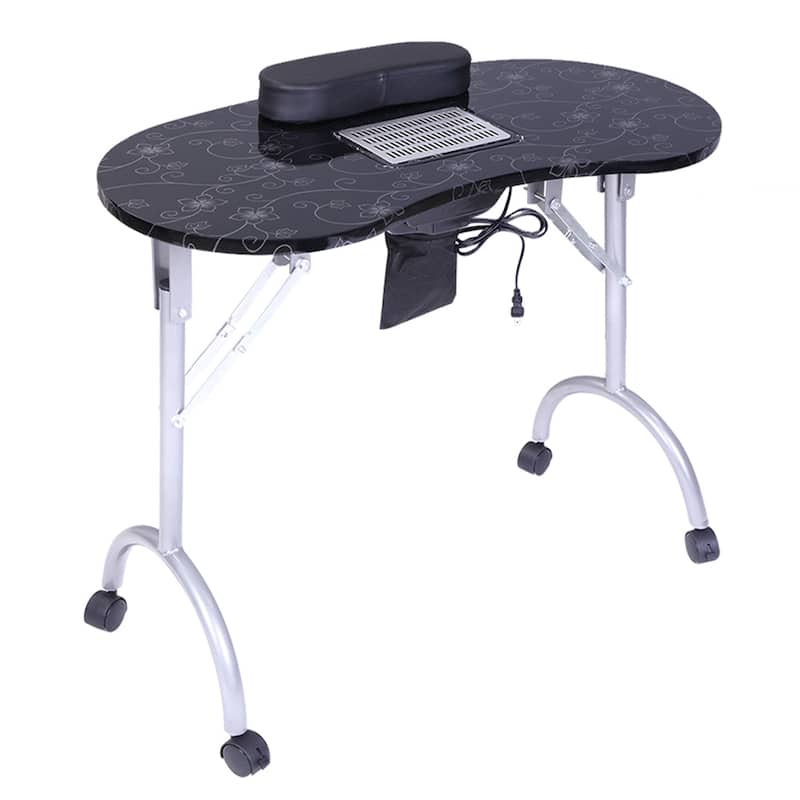 Portable MDF Manicure Table Spa Beauty Salon Equipment Desk with Dust Collector and Cushion - Black