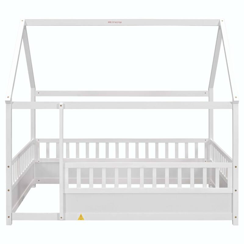 Full Size Floor Wooden Bed with Fence Guardrails