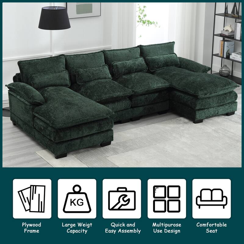 Modern Large chenille Fabric U-Shape Sectional Sofa with Ottomans, Reversible Sofa Couch for Living Room