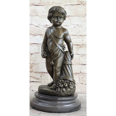 Angelic Young Boy Child Holding Apple Bronze Statue Sculpture Figure 14 Inches X 6 Inches