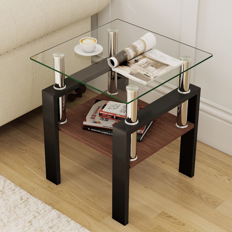 Set of 2 Modern Tempered Glass Tea Table,Tempered Glass Tabletop with MDF Layer,Coffee Table