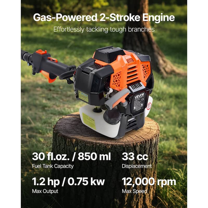 Gas Pole Saw 33CC 2-Stroke Extendable Cordless Tree Trimmer 8 in Cutting Bar