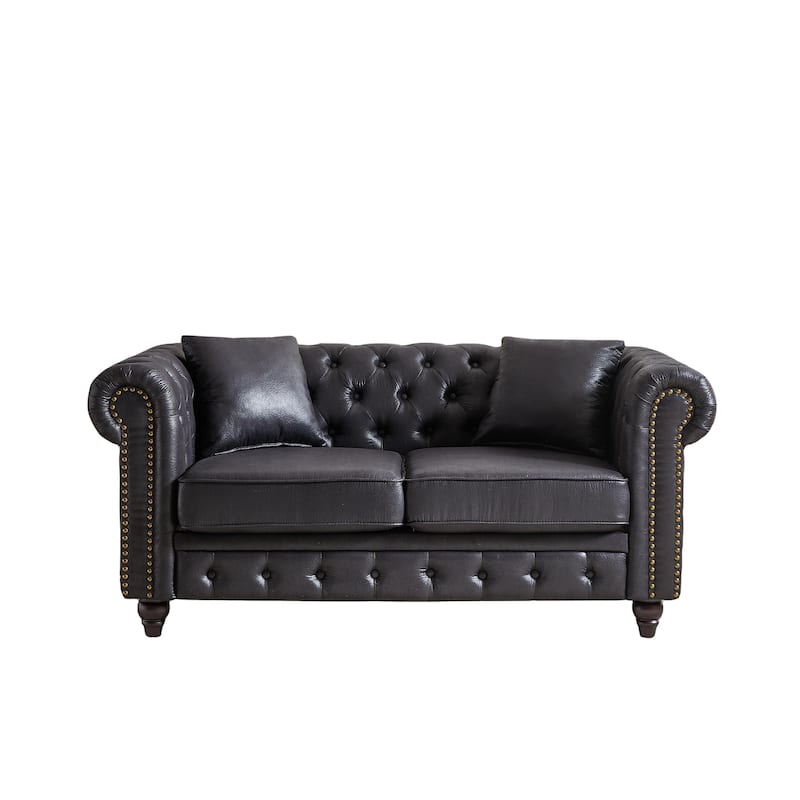 Button-Tufted Chesterfield 63.5" Sofa - Tech Fabric, Wooden Legs, Pillows