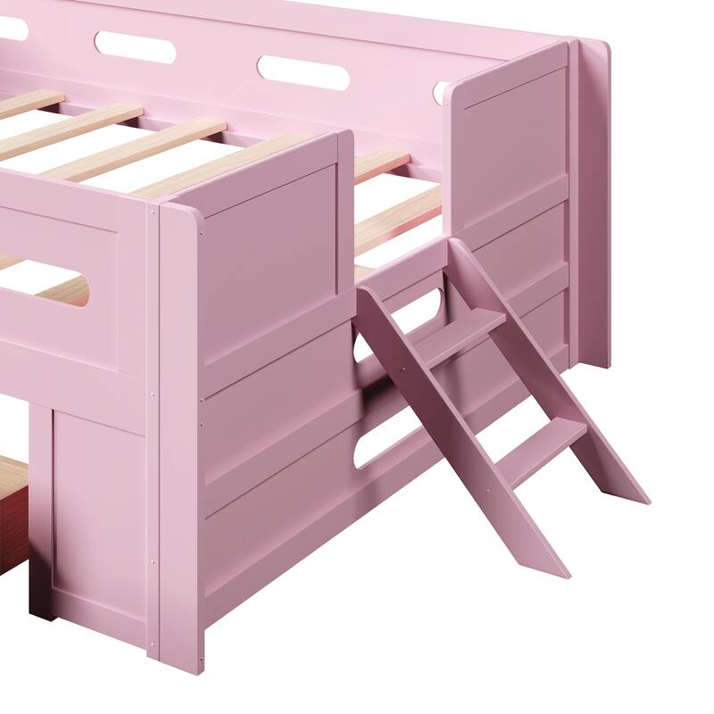 Roomfitters Full/Twin Size Wood Platform Bed with Underbed Storage Drawer and Safety Guardrails, Modern Low Loft Frame