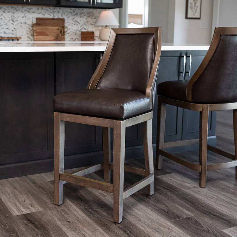 Maven Lane Vienna Swivel Kitchen Stool - Single - Walnut Vegan Leather - Counter Height