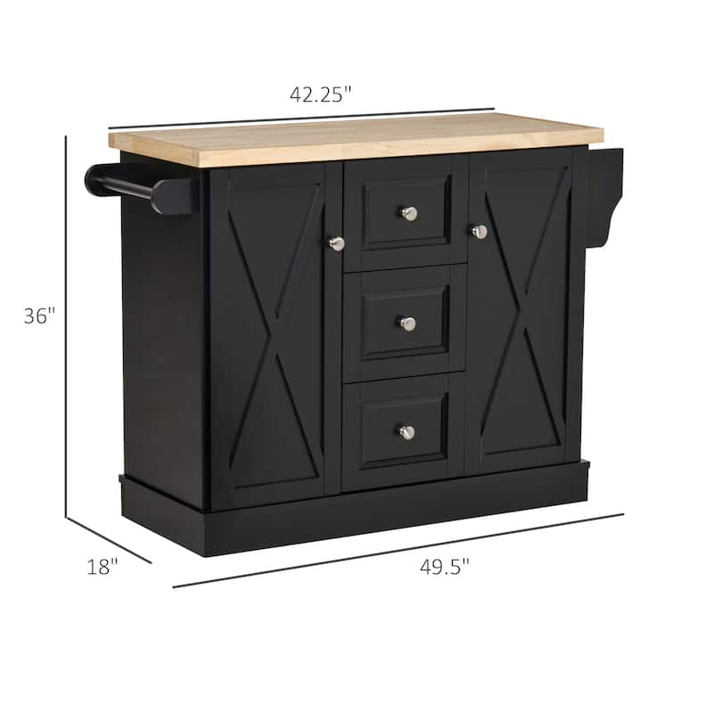 HOMCOM Farmhouse Mobile Kitchen Island Utility Cart with Barn Door Style Cabinets, Drawers and Wheels- Black - 49.5*18*36