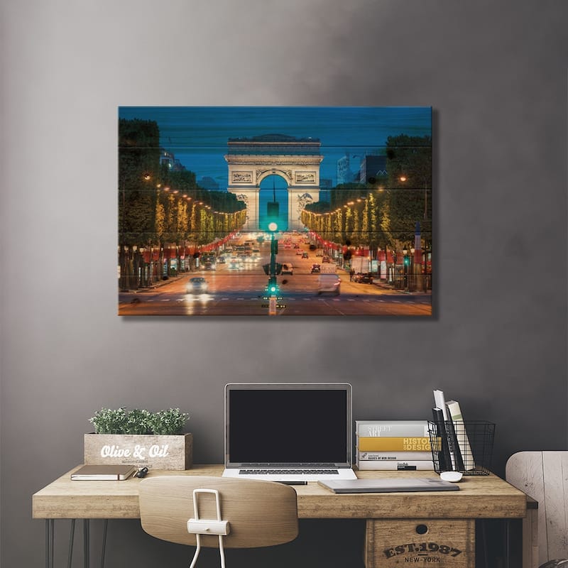 Arc De Triomphe And Avenue Des Champs-Élysées At Night, Paris, France Print On Wood by Jan Becke - Multi-Color