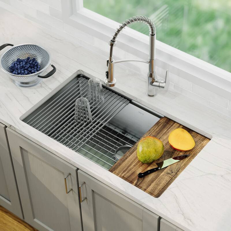 Elite 32" Undermount Workstation 16 Gauge Single Bowl Stainless Steel Kitchen Sink with Scottsdale Pull-Down Faucet