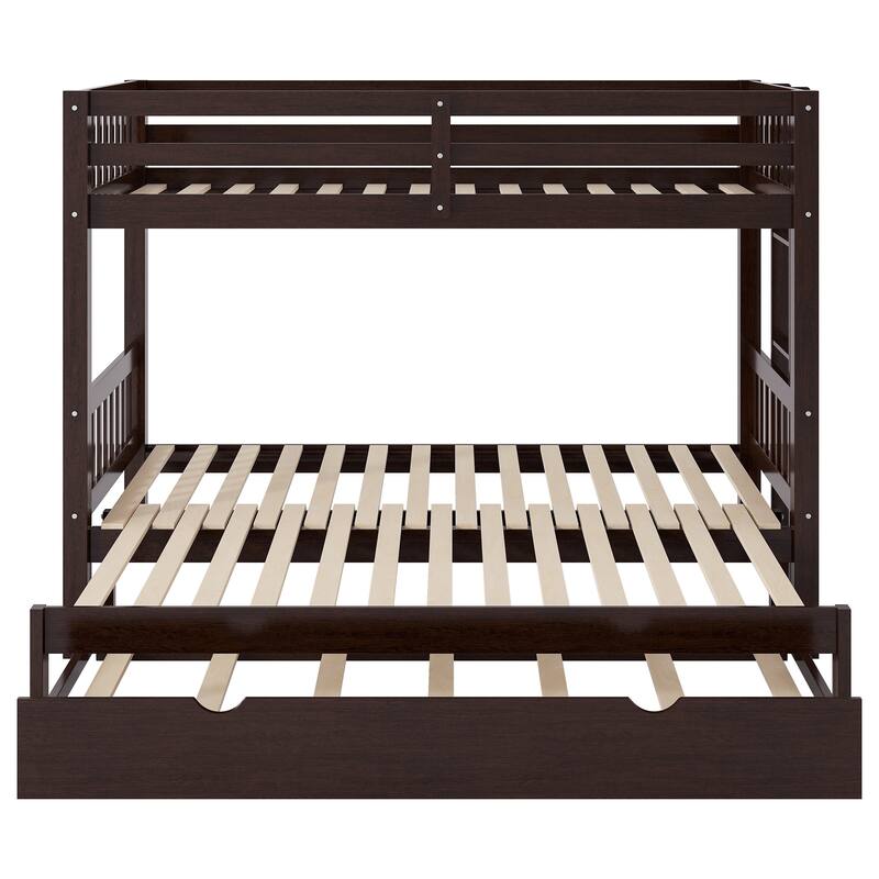 Twin Over Pull-Out Bunk Bed with Trundle, Solid Wood Twin Over Twin/Double Twin Bunk Bed with Ladder and Full-Length Guardrail