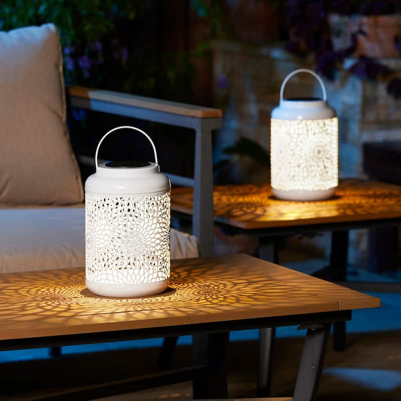 Glitzhome Set of 2 Metal Cutout Solar LED Outdoor Waterproof Hanging Lanterns