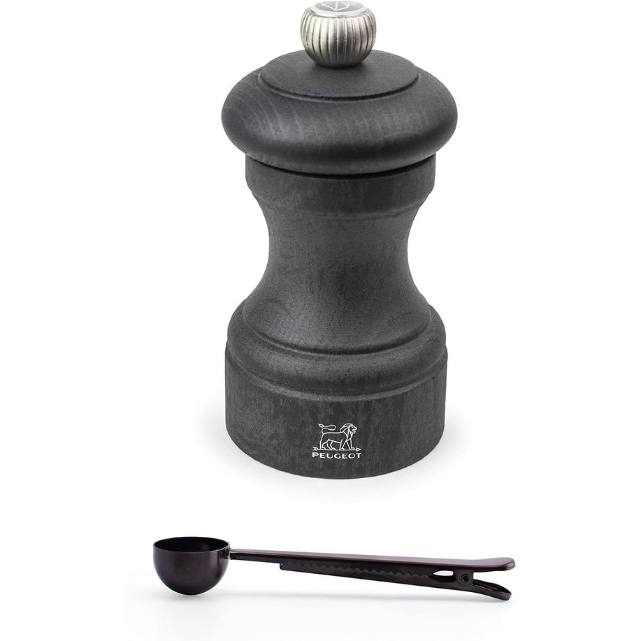 Peugeot Bistro Manual Salt Mill Gift Set - Classic Adjustable Grinder - Beechwood, - With Stainless Steel Spice Scoop/Bag Clip