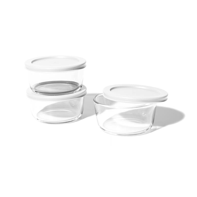 Glass Food Storage Containers Set - Round, 2-Cup (16oz) BPA-Free, Microwave & Oven Safe, Airtight Lids - 6 Piece Set (3 Containers + 3 Lids) - White