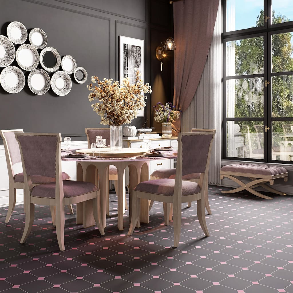 Merola Tile Vaudeville Octagon Antracita with Taco Pink 7-7/8" x 7-7/8" Porcelain Floor and Wall Tile