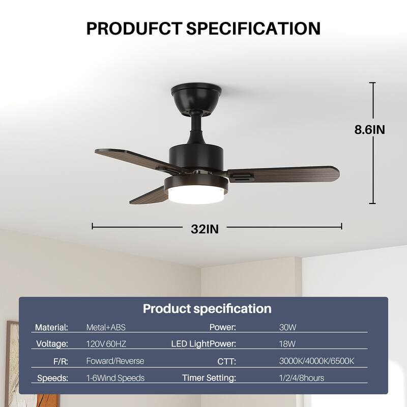 Modern Farmhouse Large Ceiling Fan with Integrated Light and Remote, Ceiling Fan with Timer and 6-speed Wind