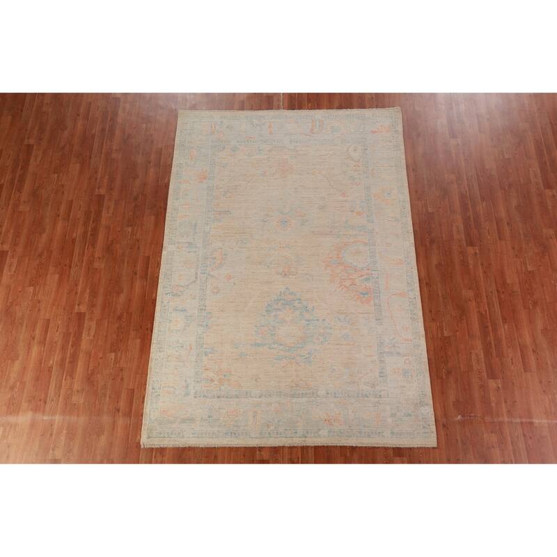 Hand Knotted Oriental 100% Wool Carpet Transitional All-Over Peach Oushak Area Rug - 9' 0'' X 6' 3''
