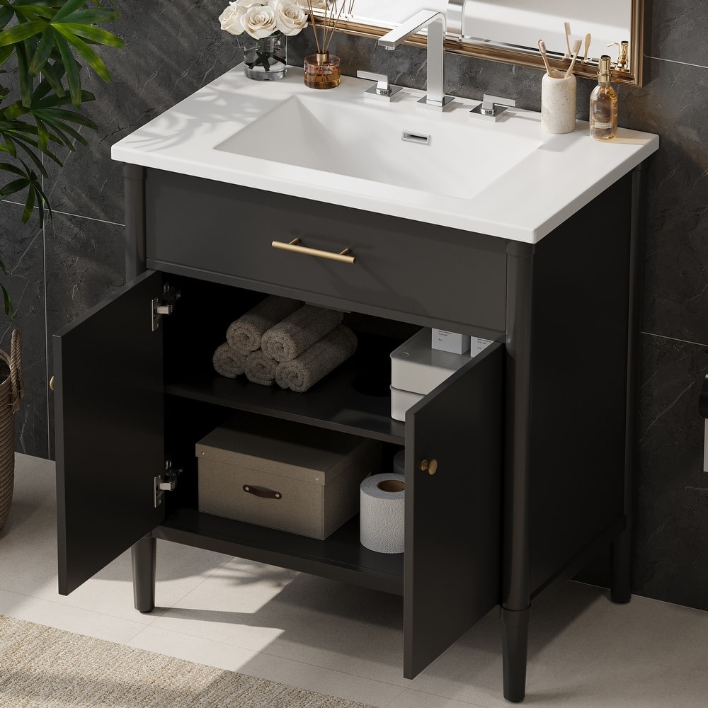 Bathroom Vanity with Ceramic Sink, Wooden Bathroom Storage Cabinet, Bathroom Cabinet with Soft Close Doors & Adjustable Shelf