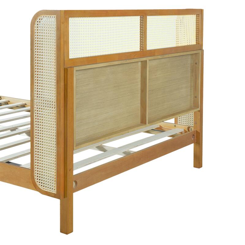 Queen Size Rubber Wood Platform Bed Frame with Headboard, Mid Century Modern Design