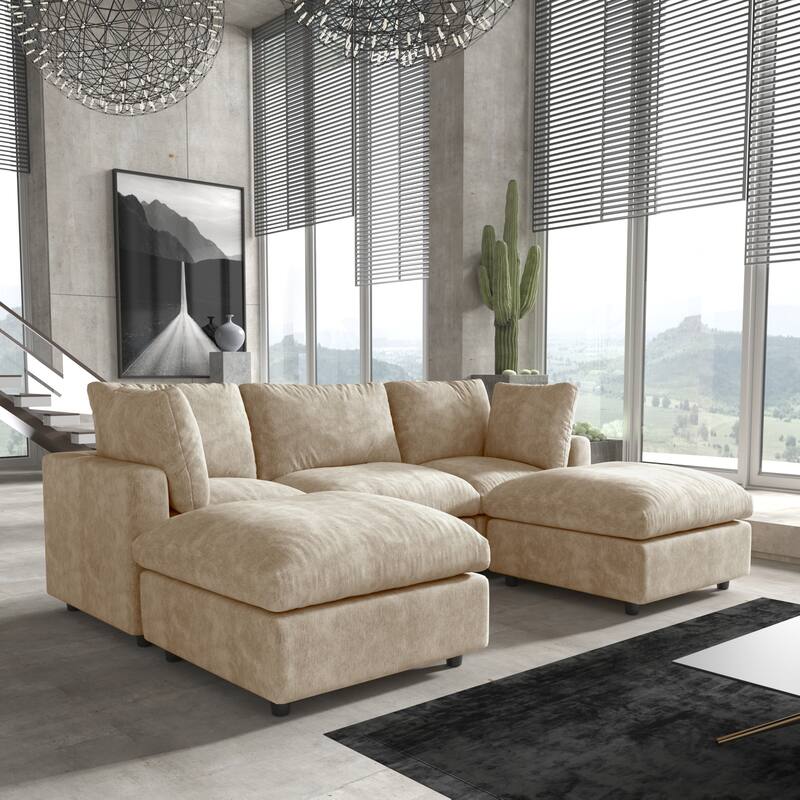 Minimalist U-shaped Upholstered Cloud Sofa 100.5" 3-Seater Chenille Modular Sectional Couch with 2 Ottomans for Living Room