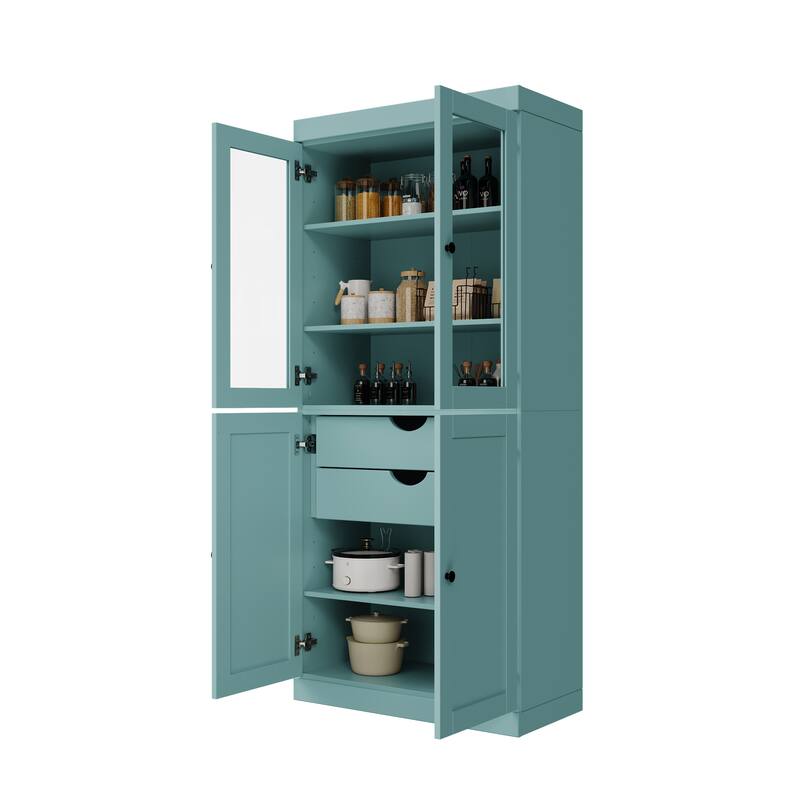 Palace Imports 100% Solid Wood 32" Pantry Cabinet with Clear Glass, Shaker Doors, 2-Drawers and Adjustable Shelves