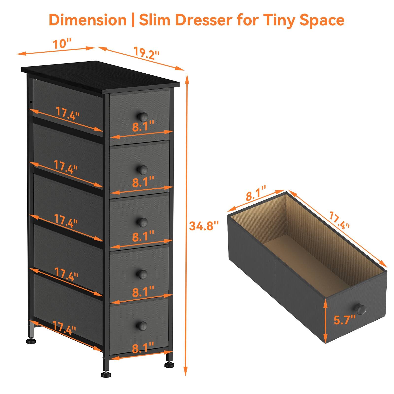 Narrow Grey Storage Tower with 5 Removable Fabric Drawers, Small Spaces