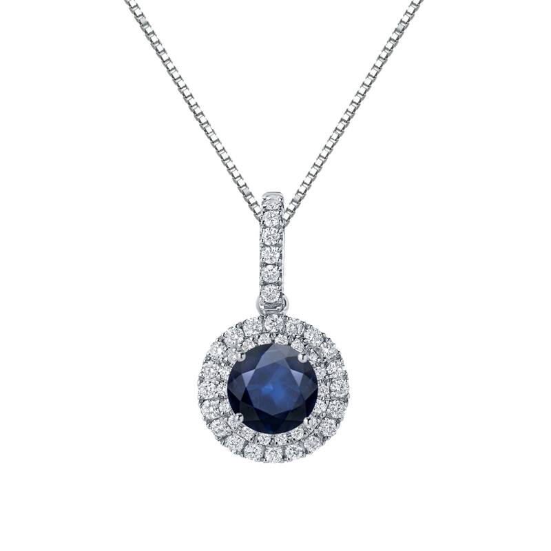 Auriya 2 1/2ct Round Blue Sapphire and 3/5ctw Double Halo Diamond Necklace 14K Gold - White