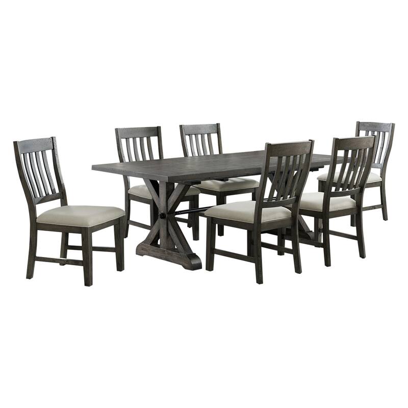 Extendable Dining Table Set - 7 Piece Rectangular Table & Chairs - Gray Wood Finish - Seats 8