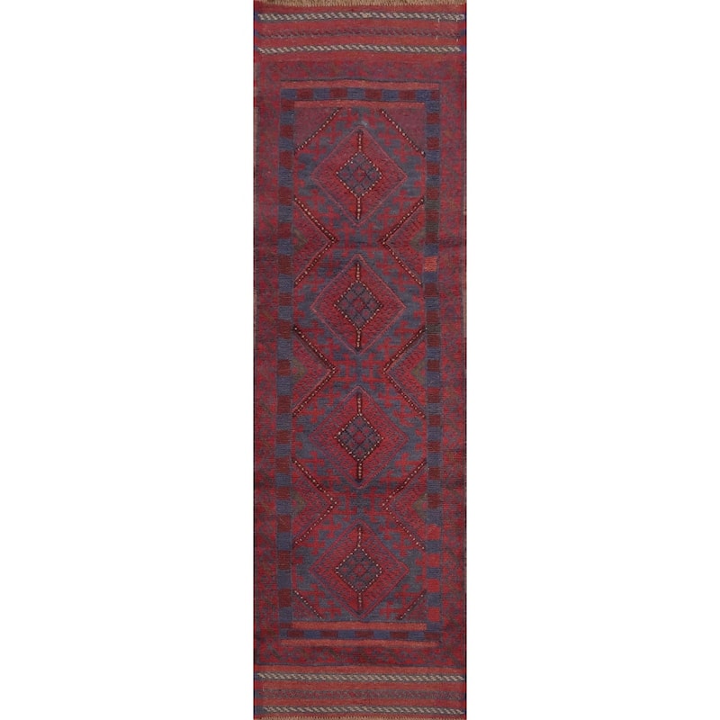 Hand Knotted Oriental 100% Wool Carpet Traditional Tribal Red Balouch Runner Rug - 7' 10'' X 2' 0''