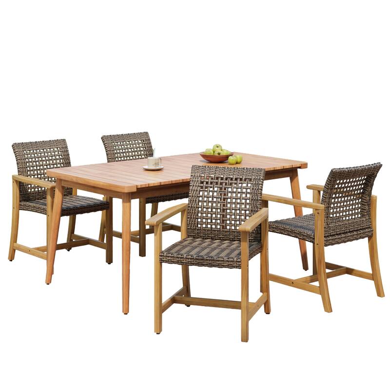 Roomfitters 5-Piece Outdoor Dining Set, Acacia Wood Patio Table and 4 Wicker Armchairs for Garden Deck Poolside, Brown