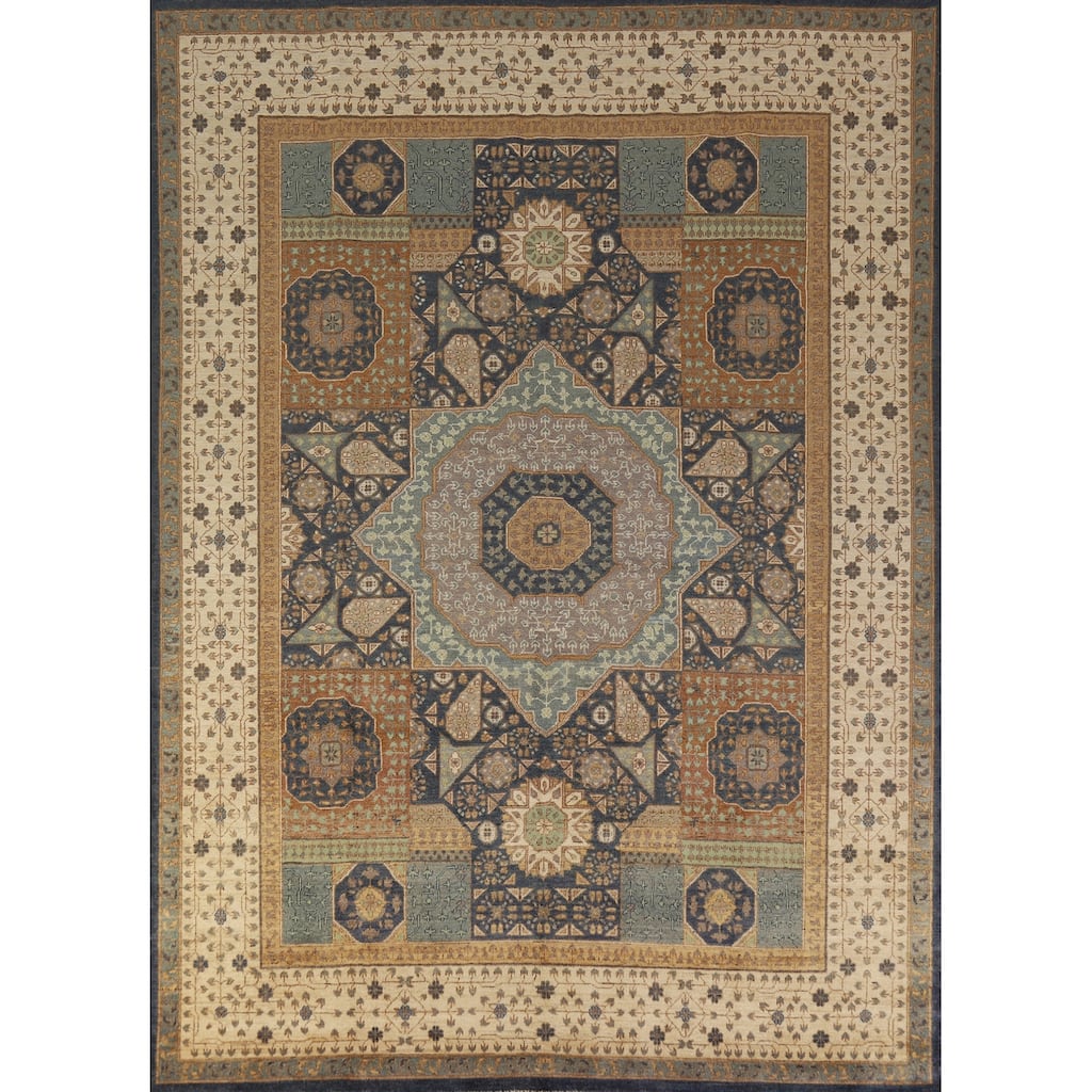 Hand Knotted Oriental 100% Wool Carpet Traditional Geometric Navy Blue & Blues Kazak Area Rug - 9' 10'' X 7' 11''