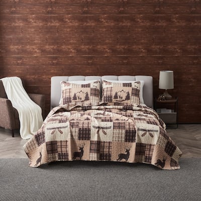 Premium Rustic Lodge Patchwork Microfiber Quilt Set With Shams