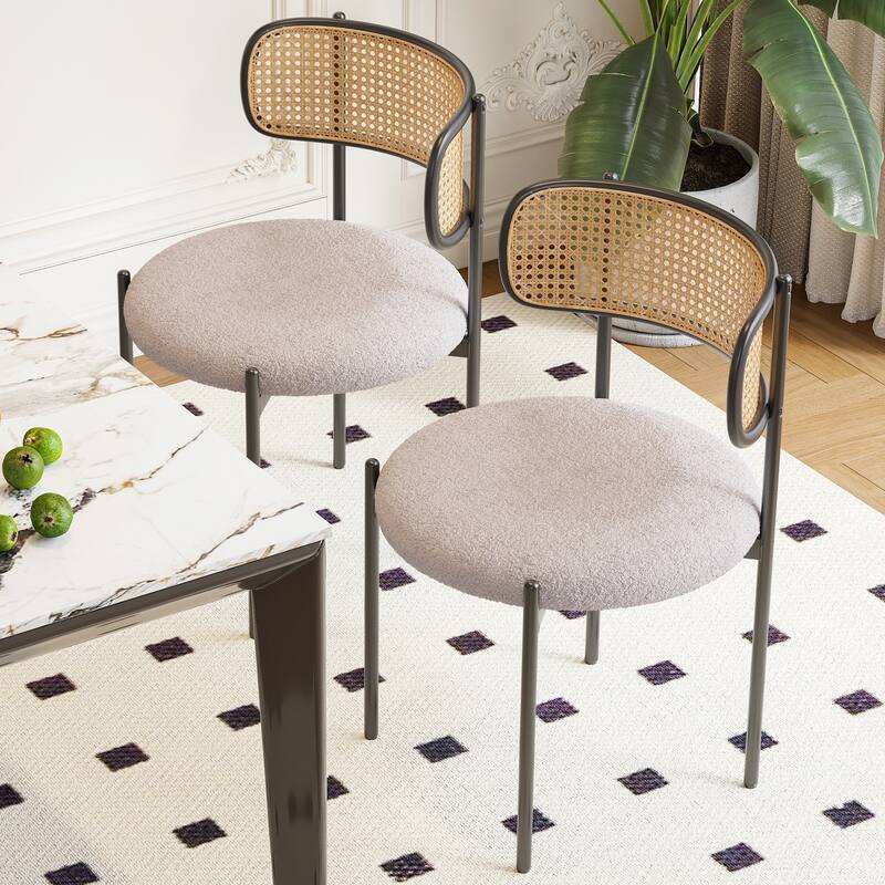 Modern Upholstered Dining Chairs Set of 4,Rattan Back Dining Room Chairs,Accent Kitchen Chairs with Metal Legs