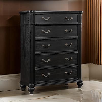 Berry 49 Inch Tall Dresser Chest, Wood, Metal Handles, 5 Drawers, Black