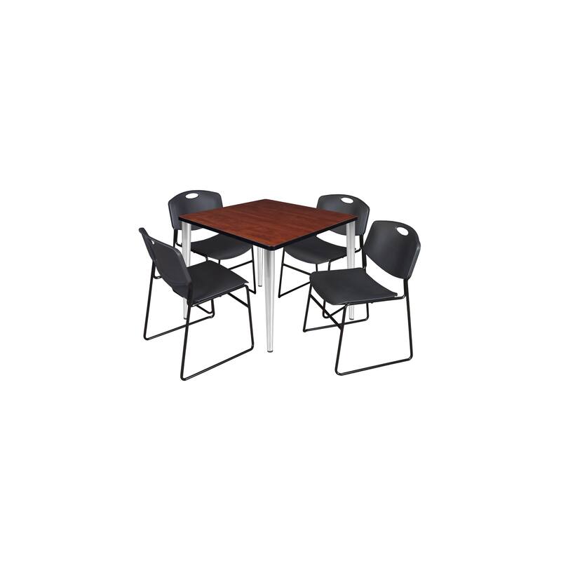 36 in. Square Breakroom Table- Cherry Top, Chrome Base & 4 Stack Chairs- Black