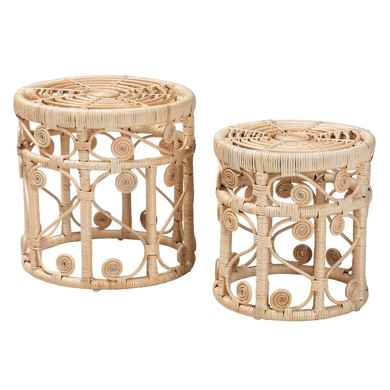 Bowie Modern Bohemian Natural Brown Rattan 2-Piece Nesting End Table Set - Natural Brown