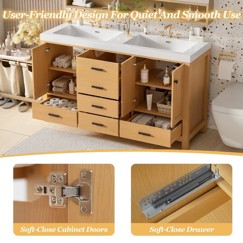 59.3" Double Sink Vanity with Solid Wood Frame, Soft-Close Doors & 5 Drawers, Black Handles