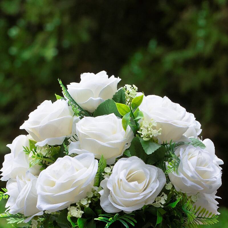 18 Heads Silk Rose Flower in Clear Glass Vase With Faux Water and River Stone for Home Decor, Wedding Table