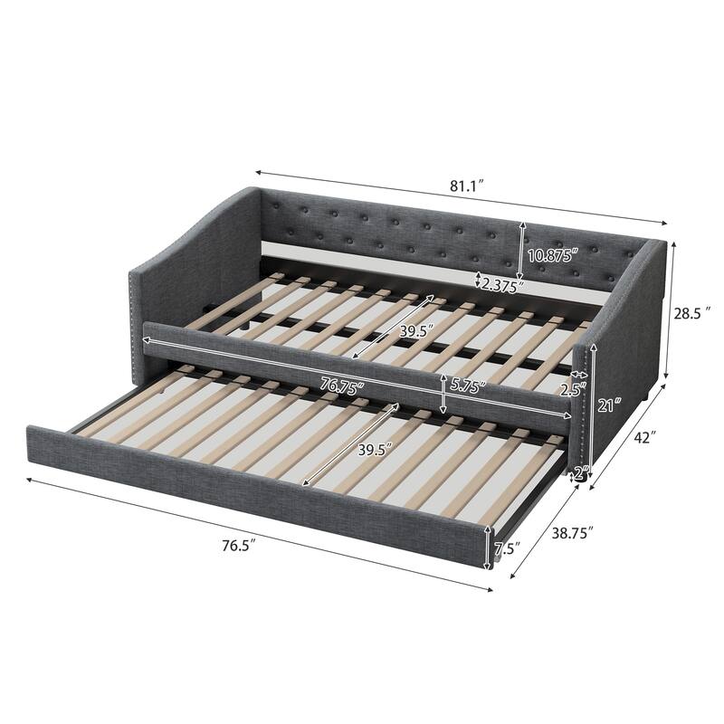 Linen Tufted Daybed with Trundle, Upholstered Platform Sofa Bed Frame, Wooden Slat Support