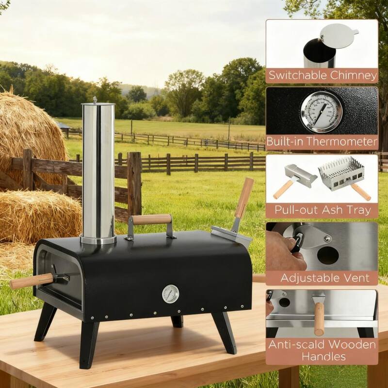GDFStudio - Portable Outdoor Pellet Pizza Oven with 12" Cordierite Stone, Foldable Legs, Thermometer and Pizza Peel