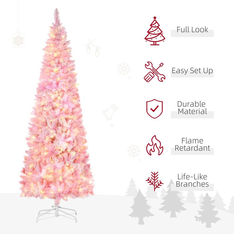 HOMCOM Pre-Lit Snow Flocked Pencil Tree - Realistic Pine Branches, Warm White LED Lights, Auto Open, Pink & White