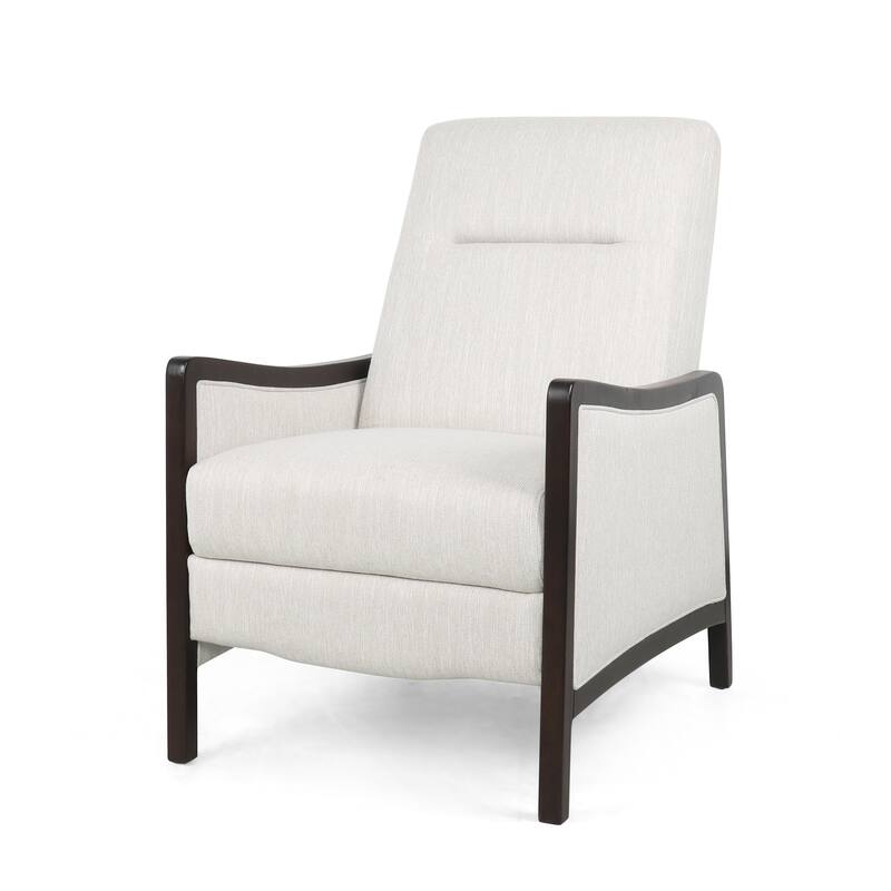 Beige Mid-Century Push-Back Recliner, Footrest, Birch Wood Frame