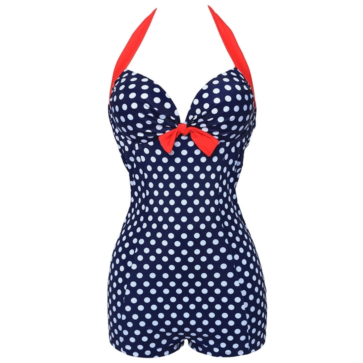 Century Star Womens Retro Halter Top Vintage Inspired Boy-Leg One Piece Ruched Monokinis Swimsuit Bathing Suits