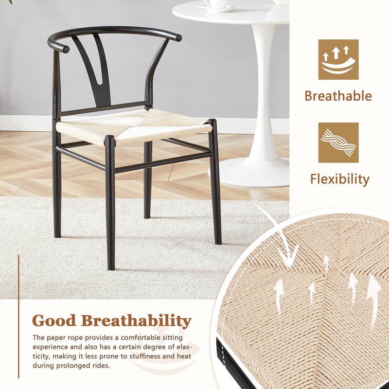 Y-shaped Medieval Style Armchair for Dining Table, Woven Seat (Set of 4)