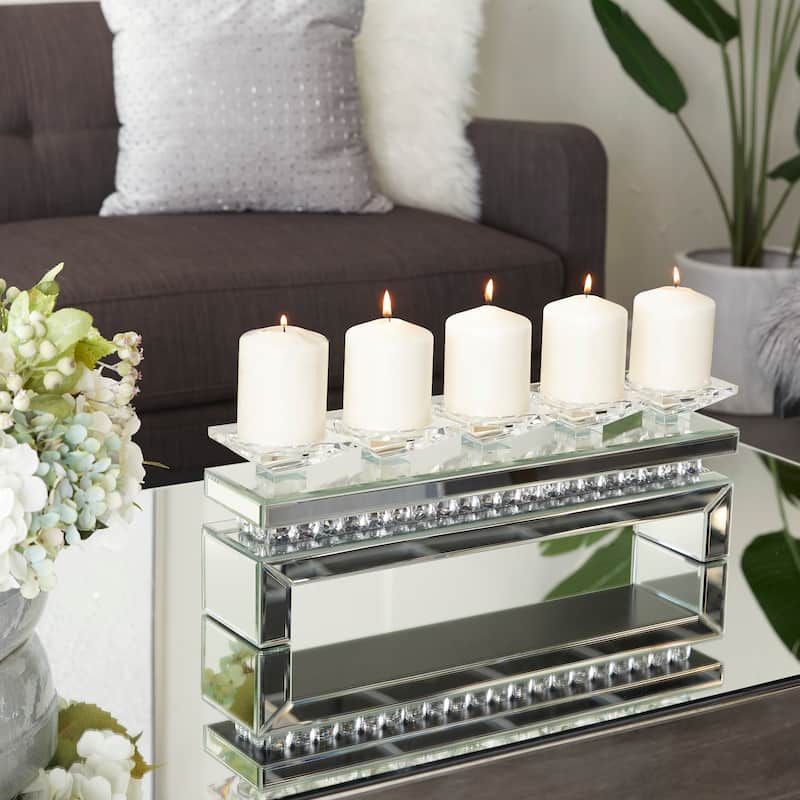 Wooden Pillar 5 Plate Candelabra with Mirrored Accents - Silver - Roche River Decor - 4"W x 20"L x 7"H