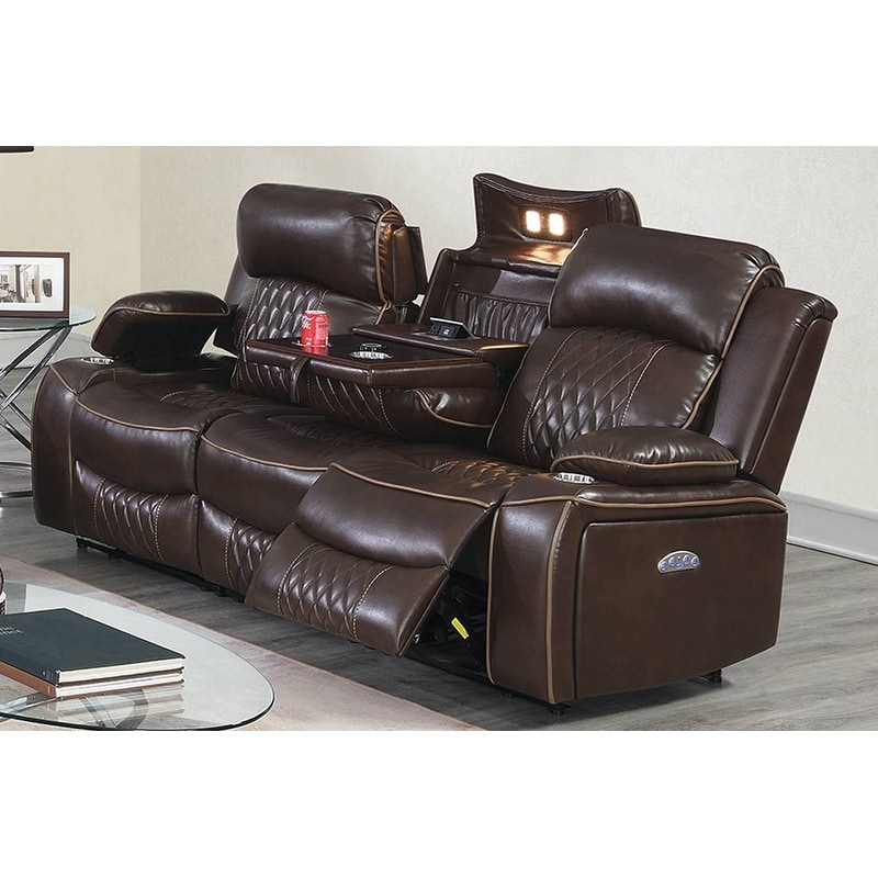 Power Motion Sofa 1pc Contemporary Brown Color Gel Leatherette Storage Arms w Cup Holder Living Room Furniture