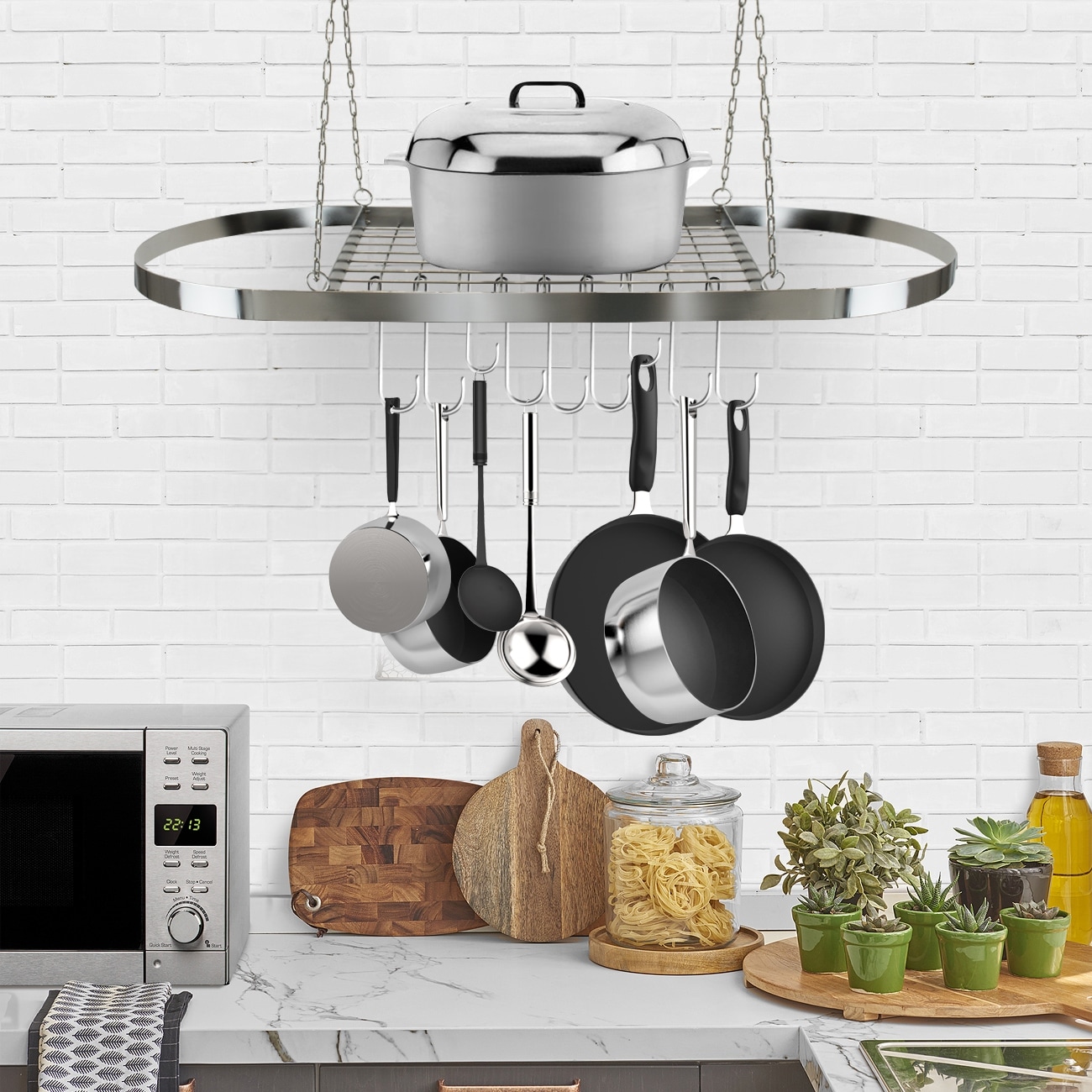 Ceiling mounted Pot Rack with Hooks - Chrome - On Sale - Bed Bath & Beyond  - 22831196