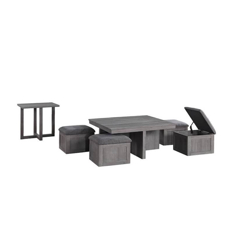Mizo 6 Piece Coffee Table Set, 1 End Table, Nesting Ottomans, Smooth Gray