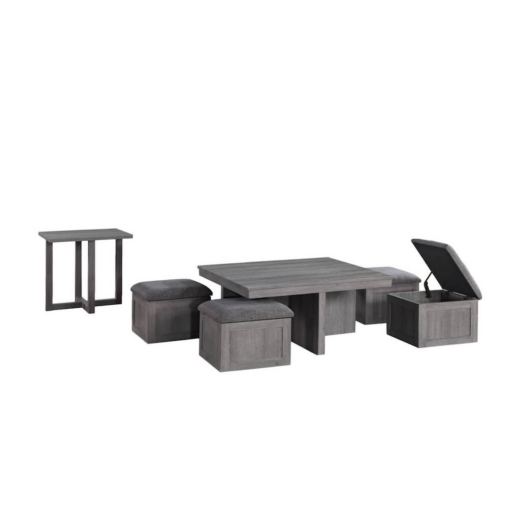 Mizo 6 Piece Coffee Table Set, 1 End Table, Nesting Ottomans, Smooth Gray