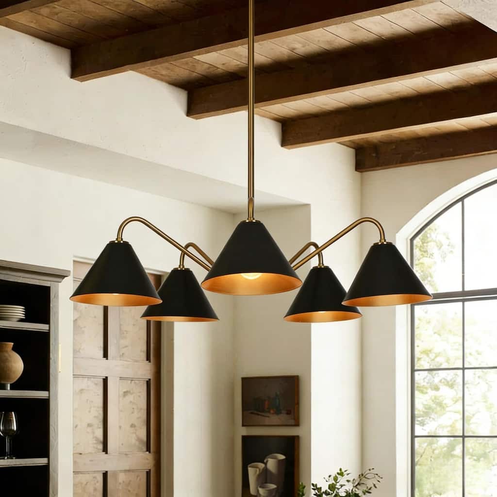 Modern Industrial 5-Light Black Gold Chandelier Metal Wheel Pendant Lights for Dining Room - 27" D x 6.5" H
