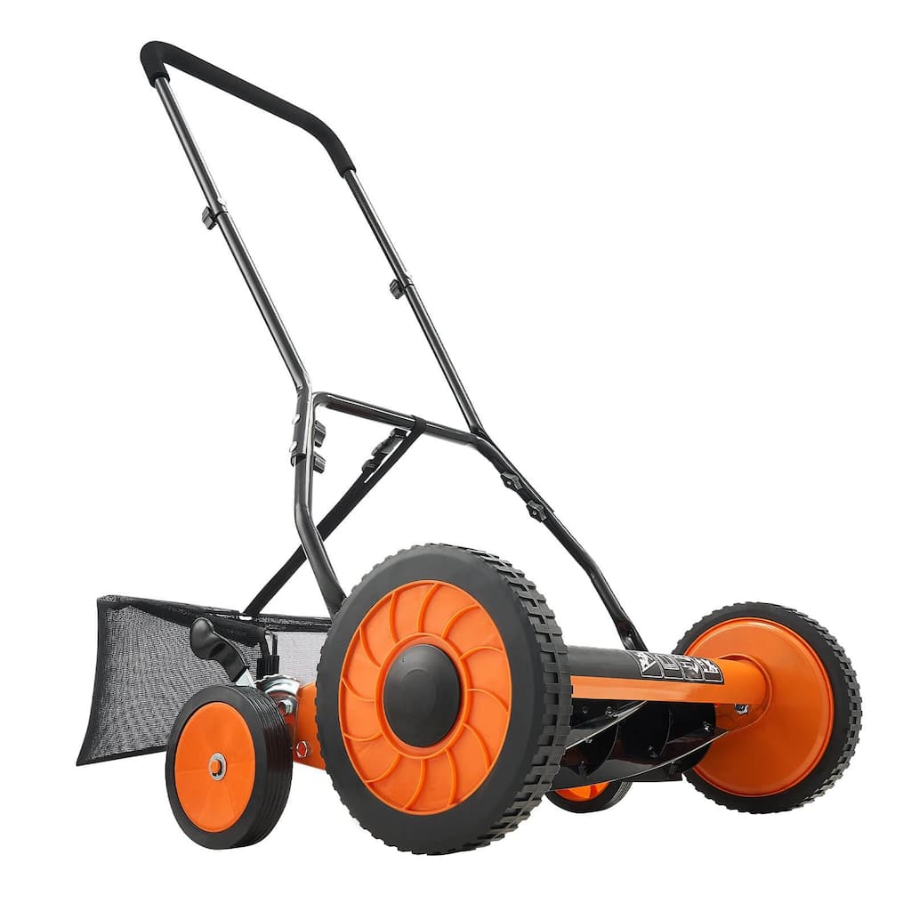 Black-Orange 18 inch Push Lawn Mower with 5 Steel Blades, Adjustable Height and Grass Catcher - 51.18 x 24.21 x 9.65 inches